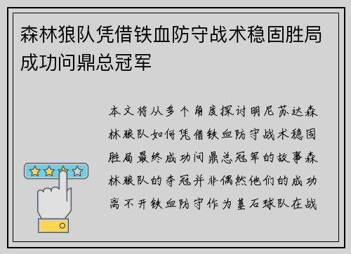 森林狼队凭借铁血防守战术稳固胜局成功问鼎总冠军